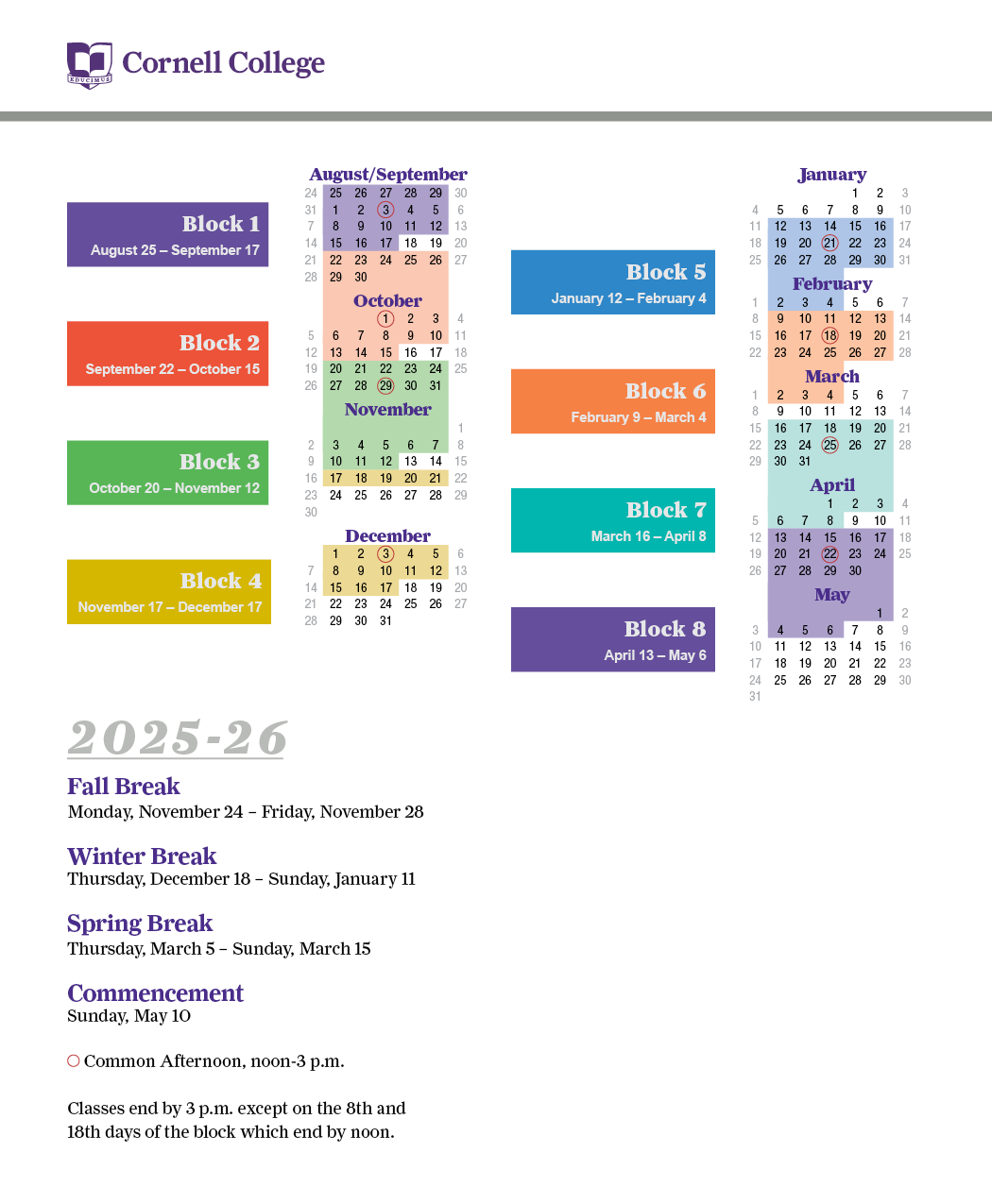 Cornell College's Academic Year 25-26 Block Calendar