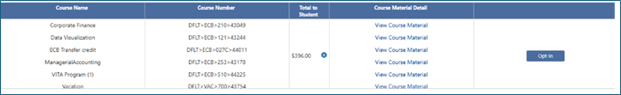 Semester course listing and opt in button in bookstore portal screenshot