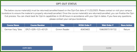Opt-out status message screen shot.