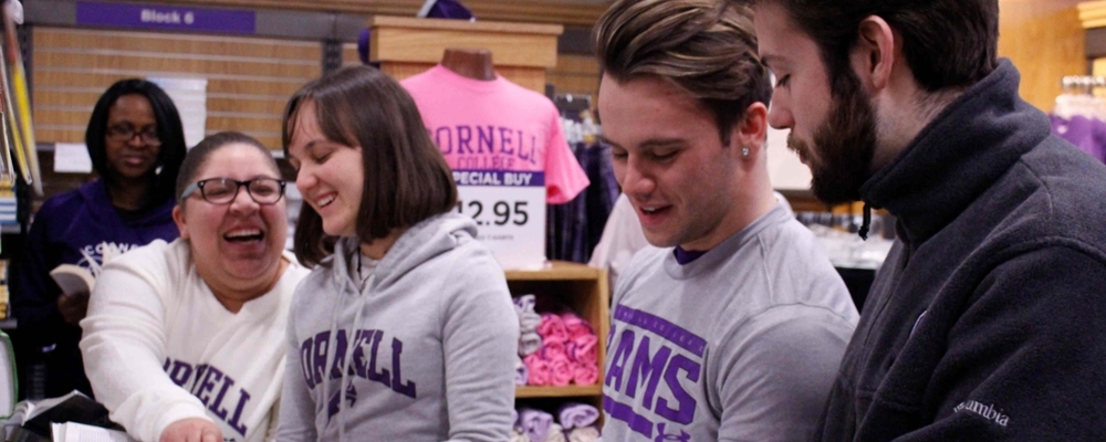 Cornell students at the Cornell bookstore. 