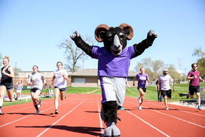 Ulysses, Cornell's Ram mascot, celebrates on the football field