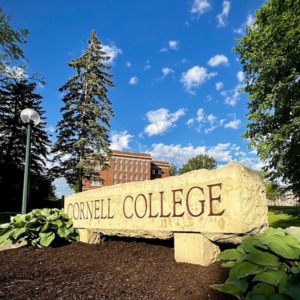 The Cornell College monument sign at the east end of campus