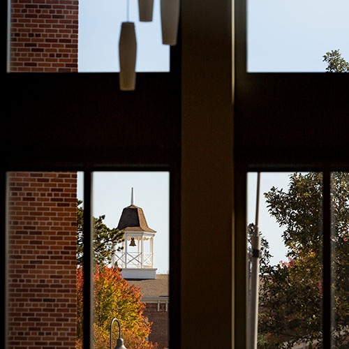 McLennan College Hall cupola from inside Cole Library