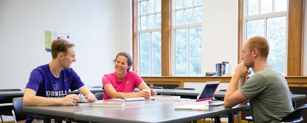 Faculty discuss research. 
