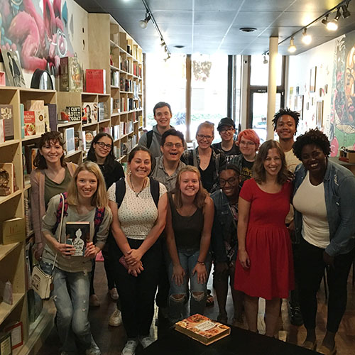 Cornell students exploring a Chicago bookstore in off-study course