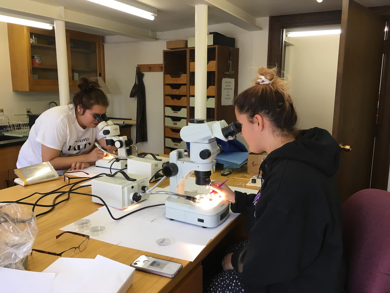 Students use petrographic microscopes to examine mineral samples