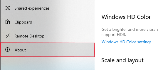 The left-hand navigation menu for windows' system settings. The option for "About" is outlined in red