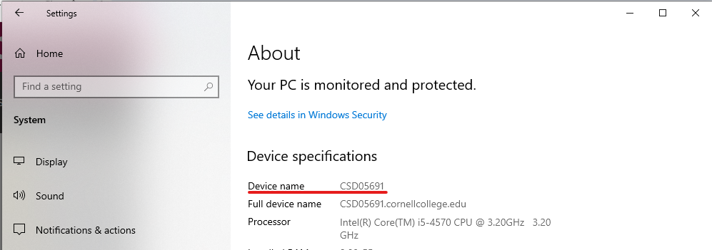 The sytem settings-About page on Windows, the computer name is underlined in red