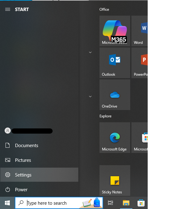 In the navigational area for windows computers, Settings is highlighted.