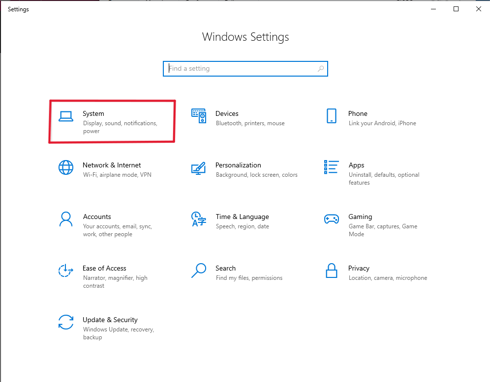 The settings window on a windows computer, the option titles "Stystem" is outlined in red.