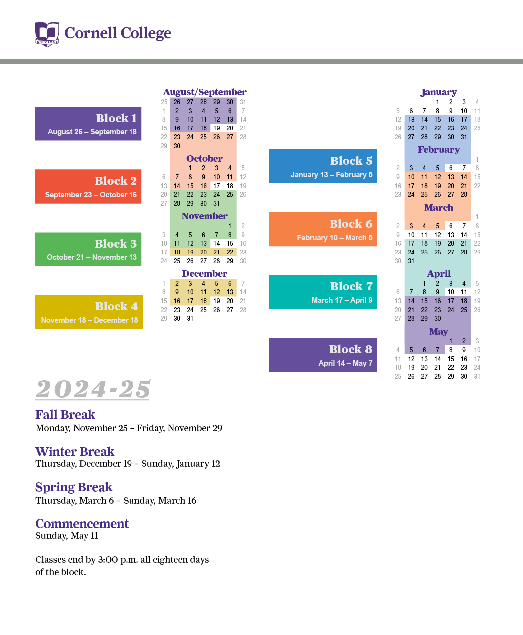 202425 Academic Calendar Cornell College Mount Vernon, Iowa