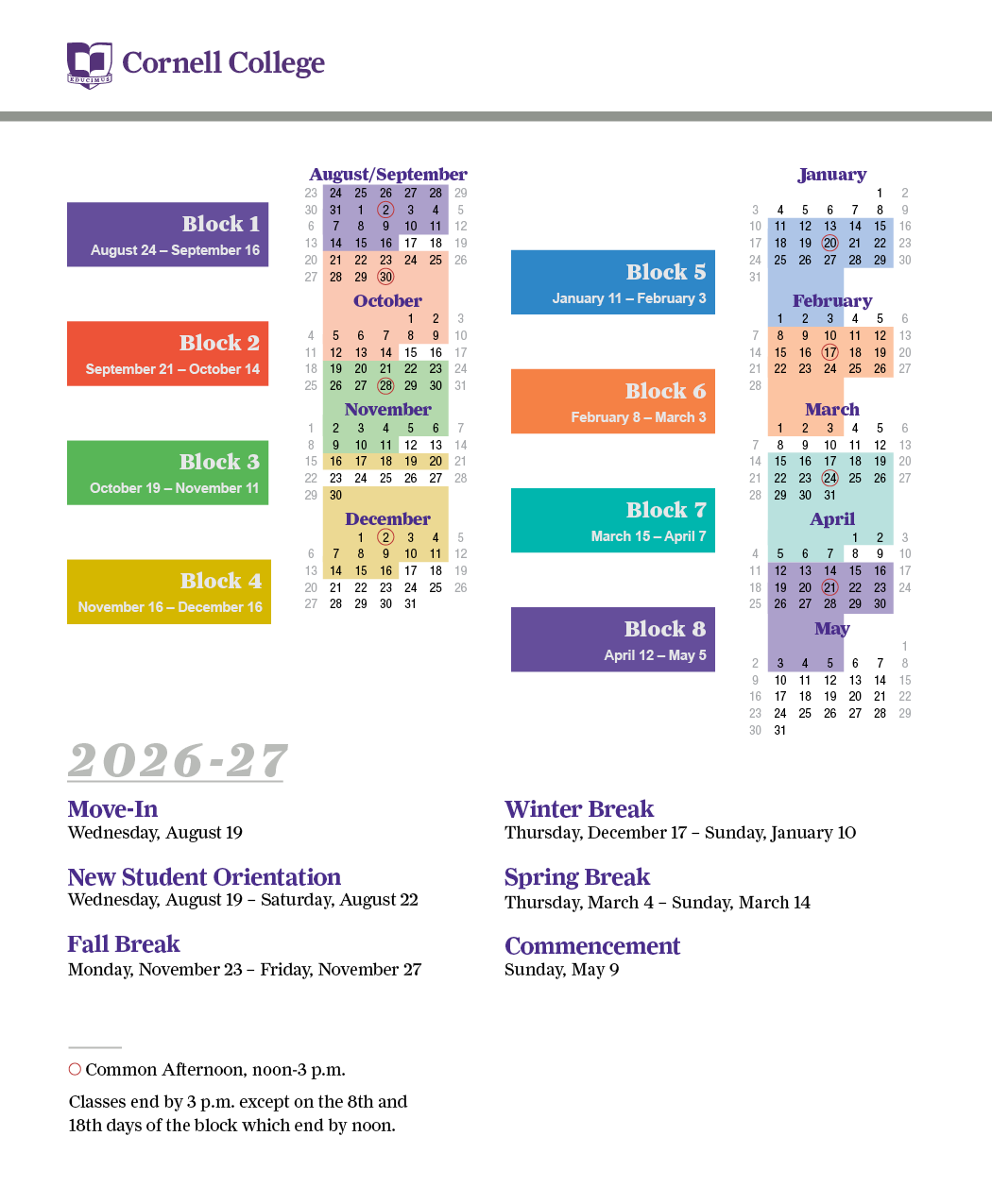 Cornell College's Academic Year 26-27 Block Calendar