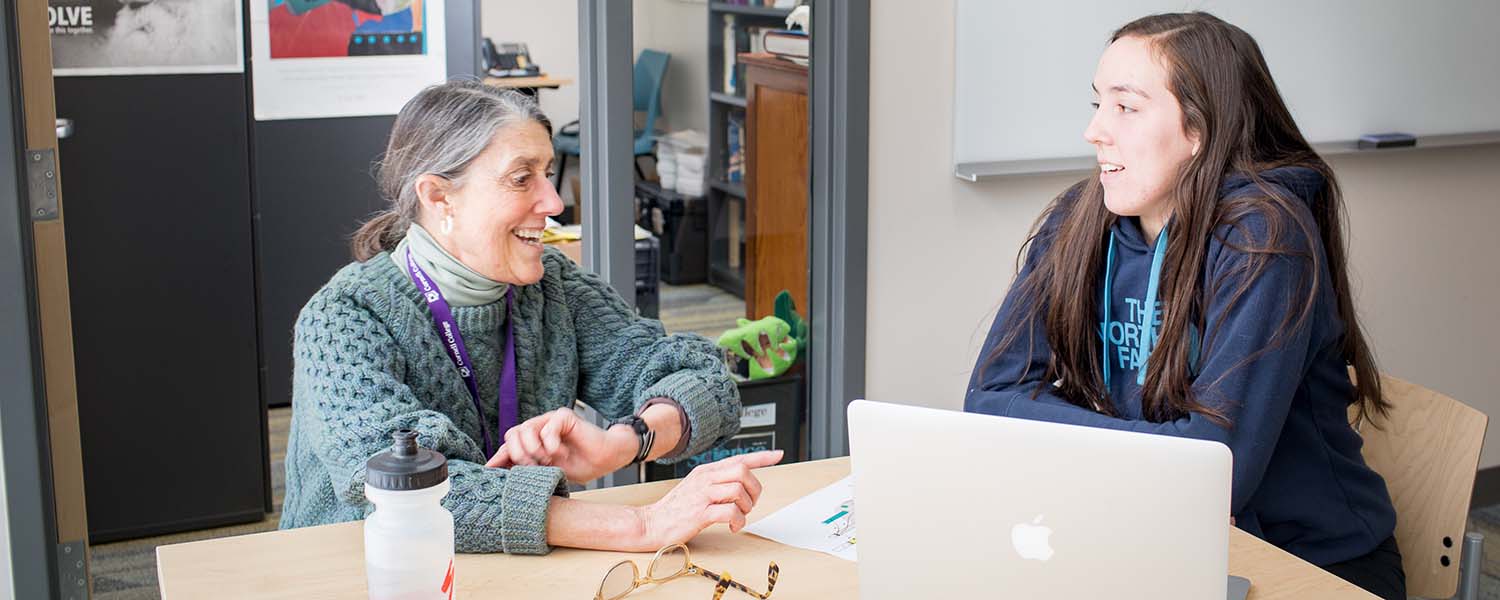 Cornell faculty member and student meeting in faculty office.