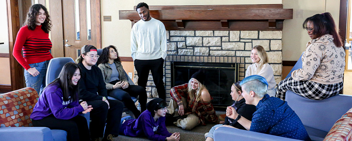 Students gathered in a residence hall lounge