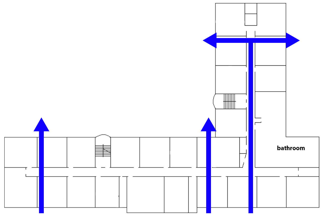 Image of airflow from one side of a building to the other if windows and room doors are opened