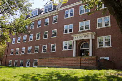 Exterior of the Olin Hall dormitory located on the campus of Cornell College in Mount Vernon, Iowa.