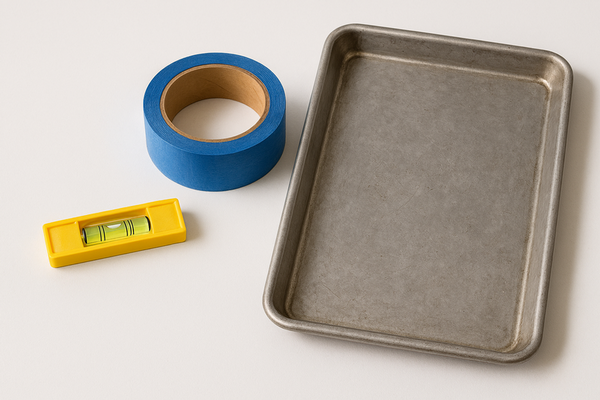 An image of suggested supplies when installing a personal air conditioning unit including blue painters tape, a metal pan, and a bubble level.